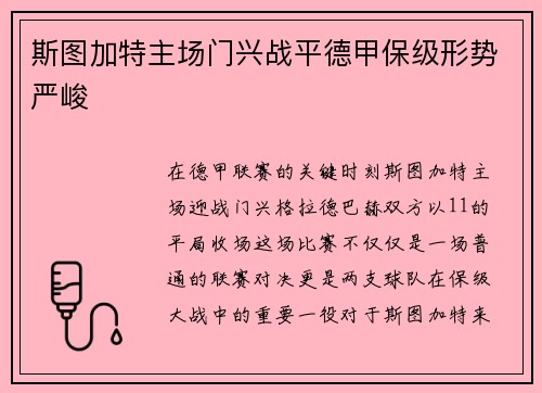 斯图加特主场门兴战平德甲保级形势严峻