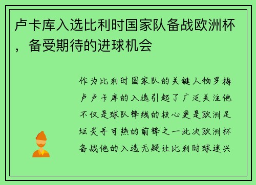 卢卡库入选比利时国家队备战欧洲杯，备受期待的进球机会