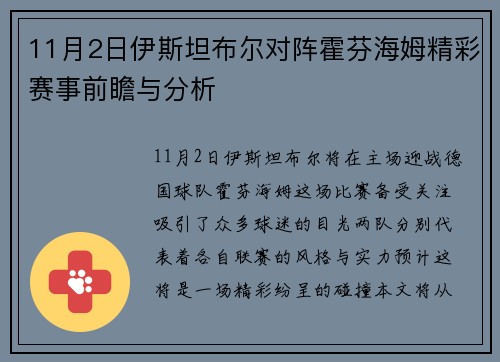 11月2日伊斯坦布尔对阵霍芬海姆精彩赛事前瞻与分析