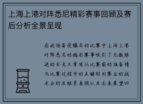 上海上港对阵悉尼精彩赛事回顾及赛后分析全景呈现