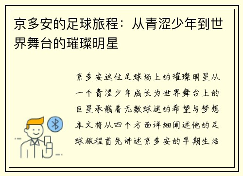 京多安的足球旅程：从青涩少年到世界舞台的璀璨明星