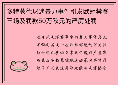 多特蒙德球迷暴力事件引发欧冠禁赛三场及罚款50万欧元的严厉处罚