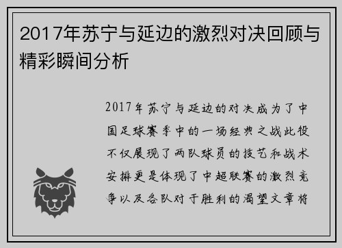 2017年苏宁与延边的激烈对决回顾与精彩瞬间分析