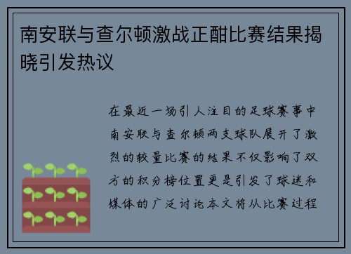 南安联与查尔顿激战正酣比赛结果揭晓引发热议