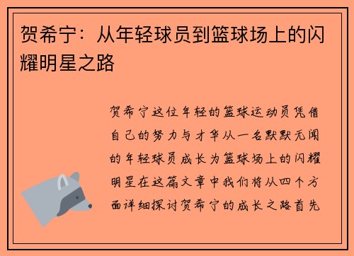 贺希宁:从年轻球员到篮球场上的闪耀明星之路