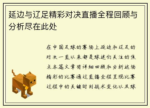 延边与辽足精彩对决直播全程回顾与分析尽在此处