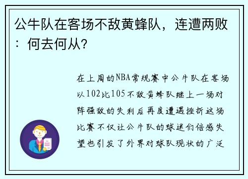 公牛队在客场不敌黄蜂队，连遭两败：何去何从？