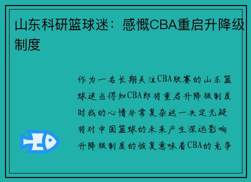 山东科研篮球迷：感慨CBA重启升降级制度