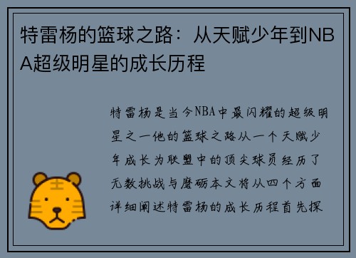 特雷杨的篮球之路：从天赋少年到NBA超级明星的成长历程
