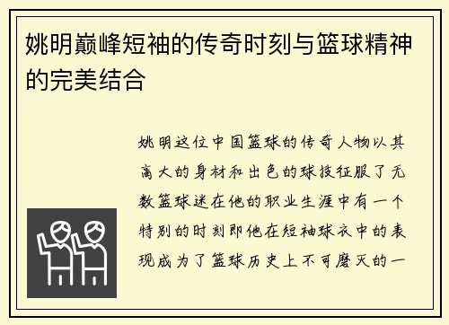 姚明巅峰短袖的传奇时刻与篮球精神的完美结合