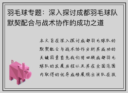 羽毛球专题：深入探讨成都羽毛球队默契配合与战术协作的成功之道