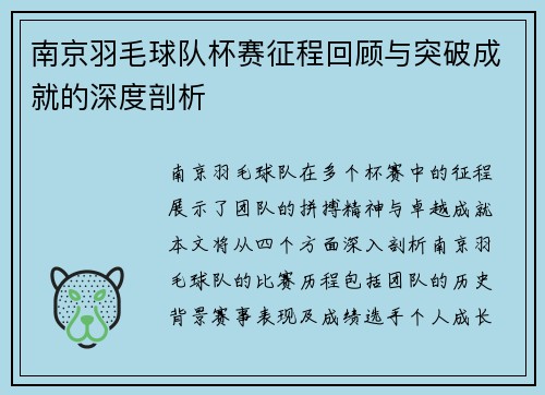 南京羽毛球队杯赛征程回顾与突破成就的深度剖析